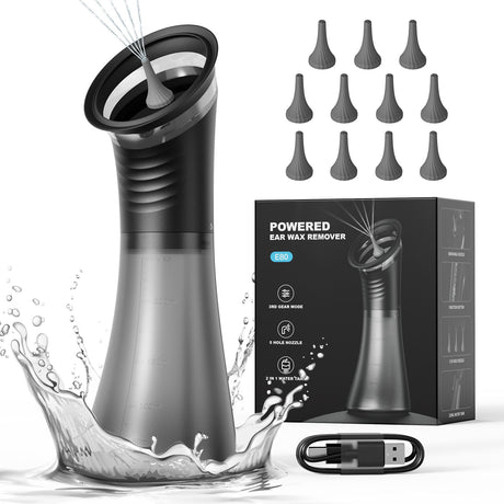 E80 Professional Electric Ear Irrigation and Ear Wax Removal Kit - Type-C Charging, 3 Pressure Levels, 2-in-1 230ML Sewage & Shimizu Tank & 12 Specialized Nozzles(4pcs 1-hole Nozzles +4pcs 3-hole Nozzles + 4pcs 5-hole Nozzles)