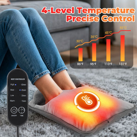 Grey Portable Versatile USB Electric Foot Warmer + Heated Seat Pad Set with 4 Temp Levels & 4 Auto-Shutoff Timer - Soft Fleece Washable Heating Mat