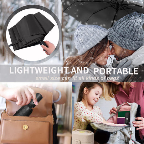 Black 97CM Large Folding Automatic Travel Umbrella with 8 Reinforced Fiberglass Ribs - Lightweight Compact Rain & Sun Shield for Backpack Travel and Commuting