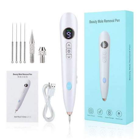 White USB Powered Physical Mole Removal Pen with LCD Display, 7 Needles & 9-Levels Adjustable Intensity - Professional Skin Tag and Dark Spot Remover