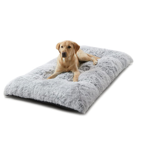 65 x 50 CM Winter Long Plush Dog Bed for Large Dogs - 10CM Thickened Fluffy Faux Fur Pad - Calming Anti Anxiety Pet Cushion with Non-Slip Bottom, Removable & Washable Heavy Duty Bedding, Grey