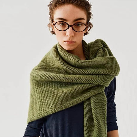 Green Retro Wool Blend 190x70cm Knitted Triangle Scarf - Multifunction Warm Shawl Wrap with Elegant Minimalist Design for Fall Winter Versatile Styling