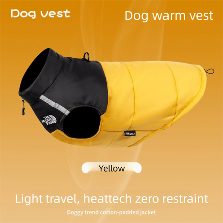 Yellow  M  Size  Dog Clothing — Warm, Thickened Cotton Jacket for Autumn & Winter; Waterproof Pet Vest — Reflective Safety Design, Leash-Compatible
