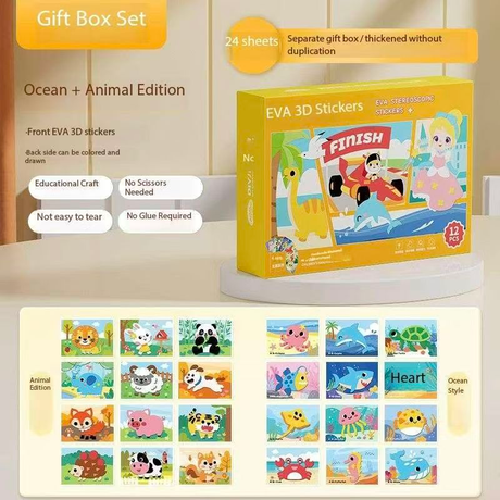 2-pce Kids 3D EVA Foam Sticker Art Kit - Princess Theme DIY Craft Activity Set with 12 Designs, Self-Adhesive Pre-Cut Shapes, Creative Handmade Gift Box for Girls Ages 4+ Preschool Educational Toy【Animals+ Oceans】