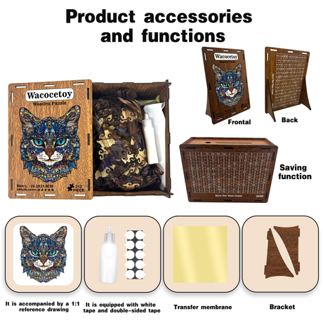 M Style Blue-Eyed Cat Wooden Jigsaw Puzzle -Irregular Animal Shaped Puzzle with DIY Piggy Bank Option, Laser Cut 3D Craft, Stress Relief Brain Game Gift for Adults 14+