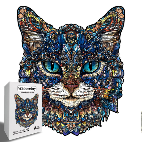 L Style Blue-Eyed Cat Wooden Jigsaw Puzzle -Irregular Animal Shaped Puzzle, Laser Cut 3D Craft, Stress Relief Brain Game Gift for Adults 14+