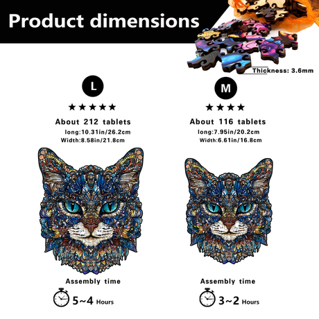 M Style Blue-Eyed Cat Wooden Jigsaw Puzzle -Irregular Animal Shaped Puzzle, Laser Cut 3D Craft, Stress Relief Brain Game Gift for Adults 14+