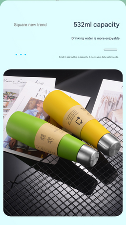 2-piece Green and Yellow Premium 304 Stainless Steel Vacuum Insulated Water Bottle - 532ml Large Capacity Sports Flask with 12-24 Hour Thermal Retention, Leak-Proof Portable Travel Mug for Gym, Office, Car and Outdoor Activities