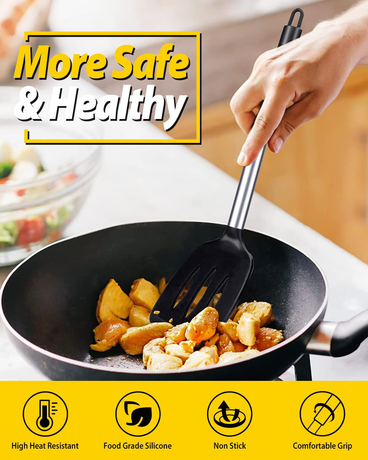 Black 4-Piece Silicone Spatula Set Slotted Turner Solid Turner Stainless Steel Handle Heat Resistant Non-Stick Cookware Kitchen Utensils