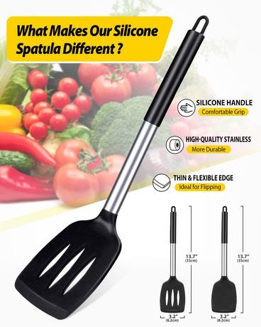 Grey 4-Piece Silicone Spatula Set Slotted Turner Solid Turner Stainless Steel Handle Heat Resistant Non-Stick Cookware Kitchen Utensils