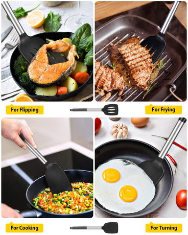 Grey 4-Piece Silicone Spatula Set Slotted Turner Solid Turner Stainless Steel Handle Heat Resistant Non-Stick Cookware Kitchen Utensils