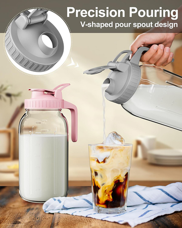 Grey Glass Mason Jar Pitcher 32oz with Flip Lid Pour Spout Milk Jug Leak-Proof Airtight Seal Wide Mouth Beverage Container Cold Brew Coffee Iced Tea Juice Milk Dispenser Fridge Storage
