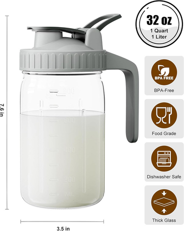 Green Glass Mason Jar Pitcher 32oz with Flip Lid Pour Spout Milk Jug Leak-Proof Airtight Seal Wide Mouth Beverage Container Cold Brew Coffee Iced Tea Juice Milk Dispenser Fridge Storage