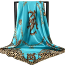 Blue Leopard Print Chain Pattern Elegant 90x90cm Satin Silk Scarf for Women - Double-Sided Printed Square Headscarf Shawl Wrap - Lightweight Versatile Fashion Accessory for Mother's Day Gift