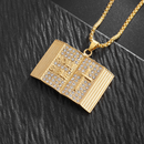 Aureate Vintage Holy Bible Book Pendant Necklace -  Plated Alloy Cross Scripture Book Pendant with Crystal Rhinestones-Gift for Men and Women