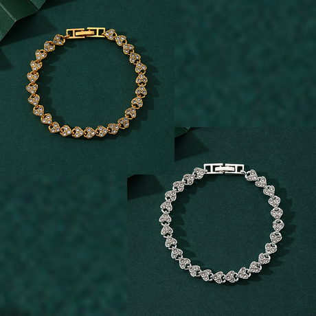 2-piece Aureate and  Silvery Luxury Crystal Heart Tennis Bracelet - European Roman Style Pave CZ Diamond Link Chain - Elegant Gold Silver Rose Gold Plated Fashion Jewelry for Women