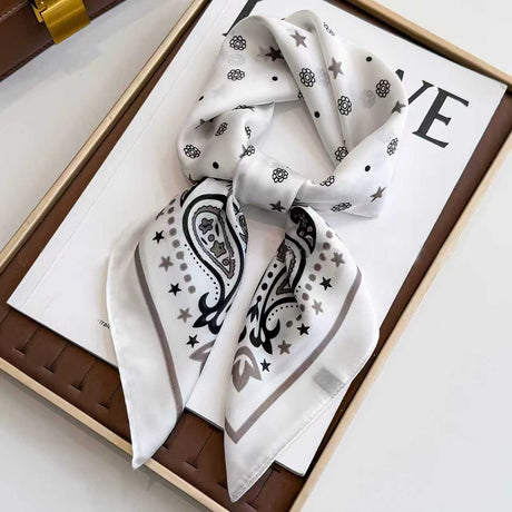 White Women's 70cm Square Scarf - Bohemian Paisley & Vintage Print Collection - Lightweight Satin Feel, Versatile Neck Tie, Head Wrap, Bag Accent, Everyday Elegance, Gift Ready