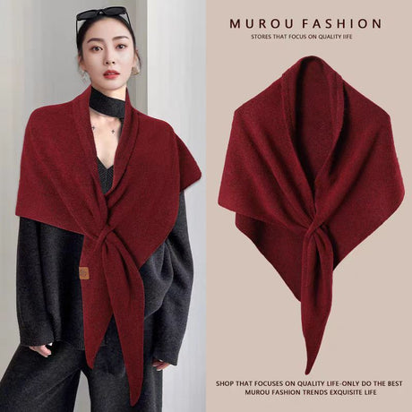 Red Women's Wool Blend Triangle Shawl - 70x180cm Knitted Winter Wrap - Warm Thick Solid Colour Poncho Scarf, Versatile Neck and Shoulder Cover, Everyday Elegance, Gift Ready