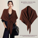 Coffee Women's Wool Blend Triangle Shawl - 70x180cm Knitted Winter Wrap - Warm Thick Solid Colour Poncho Scarf, Versatile Neck and Shoulder Cover, Everyday Elegance, Gift Ready