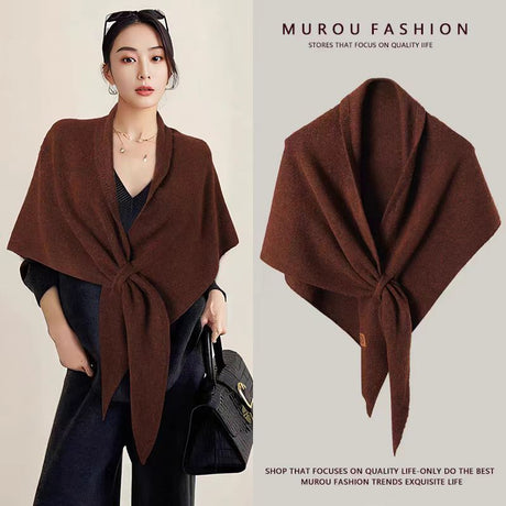 Coffee Women's Wool Blend Triangle Shawl - 70x180cm Knitted Winter Wrap - Warm Thick Solid Colour Poncho Scarf, Versatile Neck and Shoulder Cover, Everyday Elegance, Gift Ready