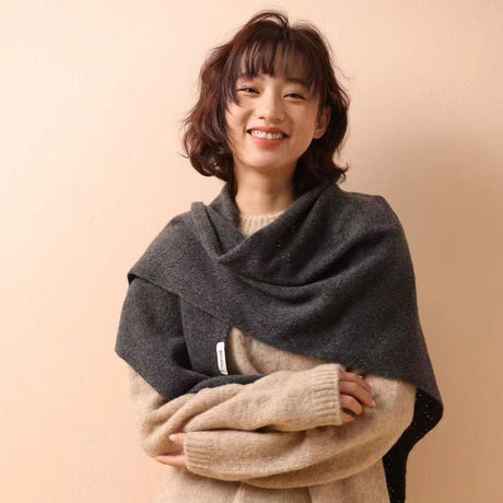 Dark gray Women's Wool Blend Triangle Shawl - 70x180cm Knitted Winter Wrap - Warm Thick Solid Colour Poncho Scarf, Versatile Neck and Shoulder Cover, Everyday Elegance, Gift Ready