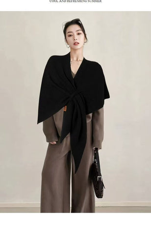Off white Women's Wool Blend Triangle Shawl - 70x180cm Knitted Winter Wrap - Warm Thick Solid Colour Poncho Scarf, Versatile Neck and Shoulder Cover, Everyday Elegance, Gift Ready