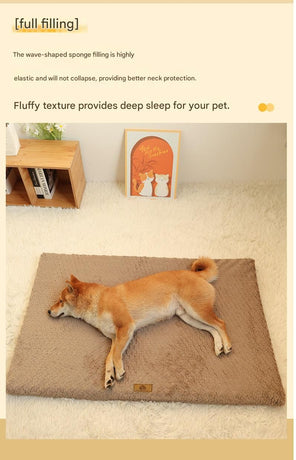 Grey XL size Pet Dog Bed Mat - Plush Short Fur Cover with Wave Foam Padding - Washable Removable Cover, Non-Slip Base, Warm Winter Cushion for Dogs and Cats, Multiple Sizes
