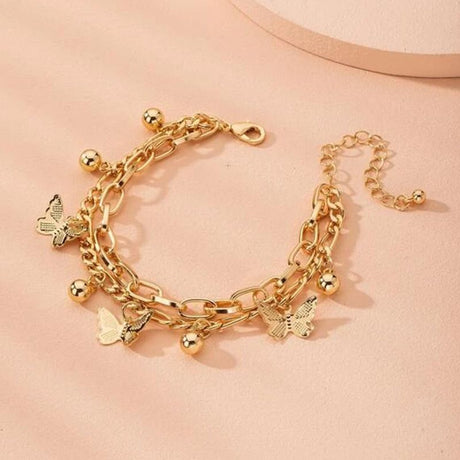 Aureate Butterfly Charm Layered Chain Bracelet - Gold and Silver Alloy Finish - Adjustable Double Strand Design, Lightweight Everyday Wear, Gift Ready，Gift Box Set
