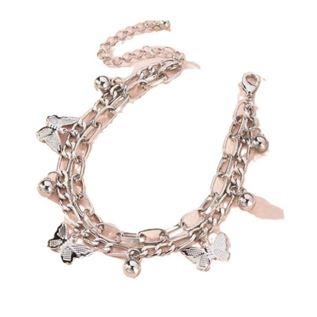 Silvery Butterfly Charm Layered Chain Bracelet - Gold and Silver Alloy Finish - Adjustable Double Strand Design, Lightweight Everyday Wear, Gift Ready，Gift Box Set