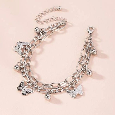 Silvery Butterfly Charm Layered Chain Bracelet - Gold and Silver Alloy Finish - Adjustable Double Strand Design, Lightweight Everyday Wear, Gift Ready，Gift Box Set