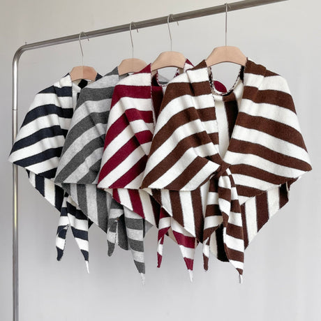 Black Striped Women's  Triangle Shawl Cape - Soft Knit Faux Cashmere Poncho Wrap, Lightweight Warm Pullover for Office Travel & Daily Wear