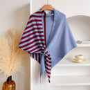 Blue and Red Color blocking Striped Women's  Triangle Shawl Cape - Soft Knit Faux Cashmere Poncho Wrap, Lightweight Warm Pullover for Office Travel & Daily Wear