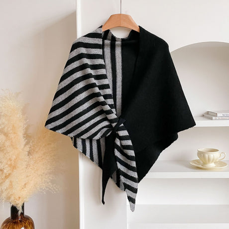 Blue and Red Color blocking Striped Women's  Triangle Shawl Cape - Soft Knit Faux Cashmere Poncho Wrap, Lightweight Warm Pullover for Office Travel & Daily Wear