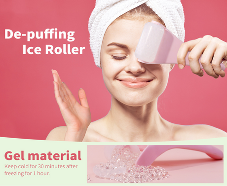 2-piece Pink Face Ice Roller with Gel Cooling Head and Gua Sha Board- Reusable PP and Gel Cold Massage Tool for De-Puffing, Soothing, and Refreshing Skin, Easy to Freeze, Comfortable Grip, Daily Skincare Essential