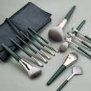 14-Piece Green Brush Storage BagSynthetic Fibre Makeup Brush Set - Soft Bristles, Long Handles, Complete Face and Eye Kit, Beginner Friendly Beauty Tools for Foundation, Blush, and Eyeshadow Application
