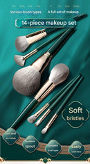 14-Piece Green  storage bucketSynthetic Fibre Makeup Brush Set - Soft Bristles, Long Handles, Complete Face and Eye Kit, Beginner Friendly Beauty Tools for Foundation, Blush, and Eyeshadow Application