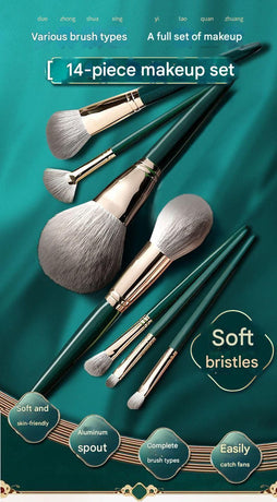 14-Piece Green  storage bucketSynthetic Fibre Makeup Brush Set - Soft Bristles, Long Handles, Complete Face and Eye Kit, Beginner Friendly Beauty Tools for Foundation, Blush, and Eyeshadow Application