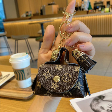 Brown Cute Mini PU Leather Coin Pouch with Tassel Keychain - Printed Pattern Earphone Holder, Small Key Bag for Women, Lightweight Everyday Accessory