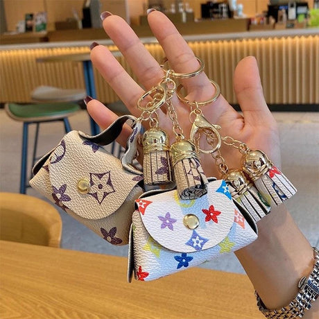 Pink Cute Mini PU Leather Coin Pouch with Tassel Keychain - Printed Pattern Earphone Holder, Small Key Bag for Women, Lightweight Everyday Accessory