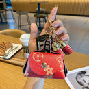 Red Cute Mini PU Leather Coin Pouch with Tassel Keychain - Printed Pattern Earphone Holder, Small Key Bag for Women, Lightweight Everyday Accessory