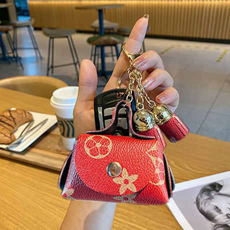 Red Cute Mini PU Leather Coin Pouch with Tassel Keychain - Printed Pattern Earphone Holder, Small Key Bag for Women, Lightweight Everyday Accessory