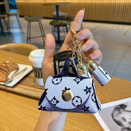 Blue Cute Mini PU Leather Coin Pouch with Tassel Keychain - Printed Pattern Earphone Holder, Small Key Bag for Women, Lightweight Everyday Accessory