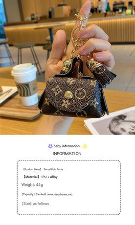 Blue Cute Mini PU Leather Coin Pouch with Tassel Keychain - Printed Pattern Earphone Holder, Small Key Bag for Women, Lightweight Everyday Accessory
