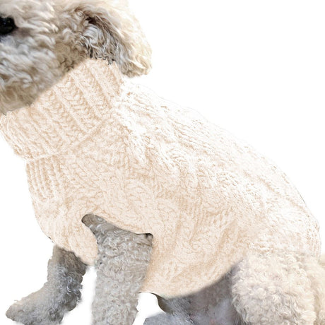 White M size Cosy Cable Knit Dog Jumper -  Warm Winter Pet Clothing, Soft High Neck Design, Small to Medium Dogs, Easy Wear Pullover Style, Ideal for Chilly Evenings and Outdoor Walks