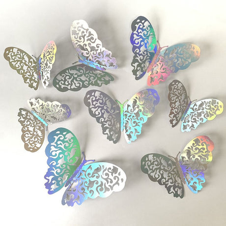 3D Butterfly Wall Stickers - Iridescent Silver Paper - 72pcs Set, Hollow Cut Design, Removable Decor for Home, Party, Wedding, Kids Room, Easy Peel and Stick-Style A