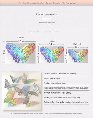 3D Butterfly Wall Stickers - Iridescent Silver Paper - 72pcs Set, Hollow Cut Design, Removable Decor for Home, Party, Wedding, Kids Room, Easy Peel and Stick-Style A