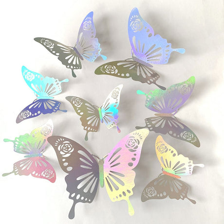 3D Butterfly Wall Stickers - Iridescent Silver Paper - 72pcs Set, Hollow Cut Design, Removable Decor for Home, Party, Wedding, Kids Room, Easy Peel and Stick-Style E