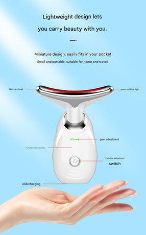 Black Neck and Face Massager - 3 Colour Light Therapy, EMS Microcurrent, Vibration & Heat - Rechargeable Anti-Ageing Device for Wrinkles, Neck Lines, Jawline & Skin Tightening - Portable Home Beauty Tool