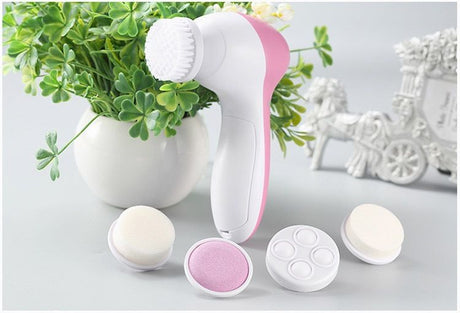 Blue 5-in-1 Electric Facial Cleansing Brush - Rotating Face Scrubber with 5 Interchangeable Heads for Deep Pore Cleaning, Exfoliating & Massaging - Battery Operated (2 x AA, Not Included)