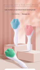 Pink Silicone Cat Paw Face Brush - Long Handle Manual Facial Cleanser for Deep Pore Cleaning, Exfoliating & Massaging - Soft Bristles for Blackhead Removal, Gentle on Skin, Travel Friendly